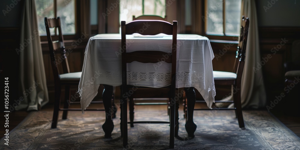 Wall mural A table with four chairs and a white tablecloth. The room is dimly lit, giving it a cozy and intimate atmosphere