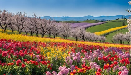 Fototapeta premium A vibrant flower orchard in full bloom with colorful blossoms of red yellow pink and purple, AI Generated 