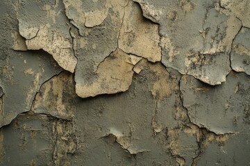 Obraz premium Old olive-colored concrete background. Rich earthy shade. Intricate viewpoint. Rough surface for imagination. Battered, broken, cracked, seasoned