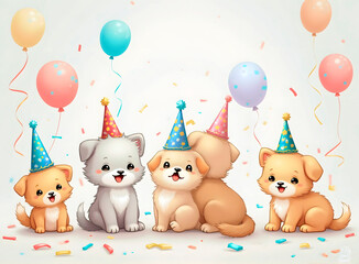 Obraz premium Cheerful birthday card featuring cute puppies wearing party hats and balloons 