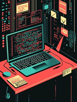 illustration featuring a laptop displaying code, encircled by icons of different programming languages.