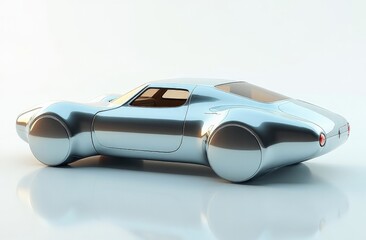 Streamlined silver concept car with rounded design on white backdrop