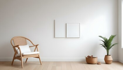 A white square frame hanging on a white wall, with a wooden chair and some decorative objects on the floor in front of it.