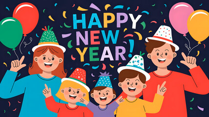 Cheerful New Year greeting card featuring happy family wearing party hats and holding balloons
