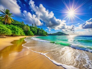 Obraz premium Gentle waves caress the tranquil beach, illuminated by warm sunlight, fostering a serene atmosphere that invites relaxation and blissful moments by the sea.