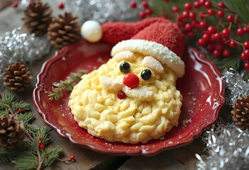 Obraz premium A cute Santa Claus made of mashed potatoes, eggs, and other food items on a red plate, surrounded by Christmas decorations like pine cones and berries