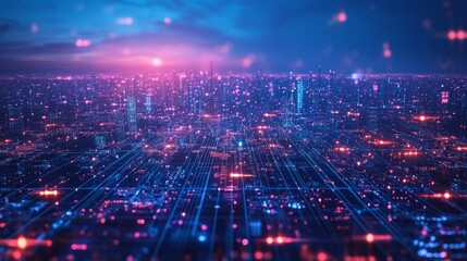 Fototapeta premium Abstract Cityscape with Neon Lights and Interconnected Lines