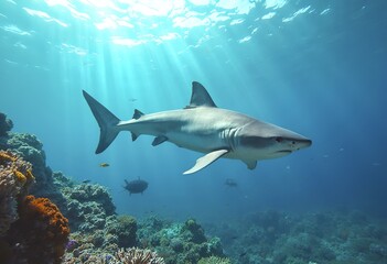 Fototapeta premium A large gray shark swimming in clear blue water over a coral reef