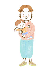 子供（男の子）を抱っこする父親の手描きイラスト