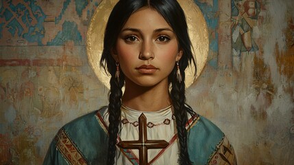 Saint Kateri Tekakwitha, the first Native American saint, is portrayed in traditional dress, embodying unwavering faith and devotion with her gaze fixed on the cross.