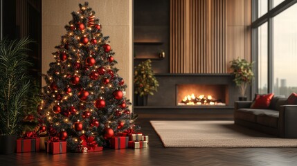 Decorated Christmas Tree with Gifts and Fireplace in Modern Living Room