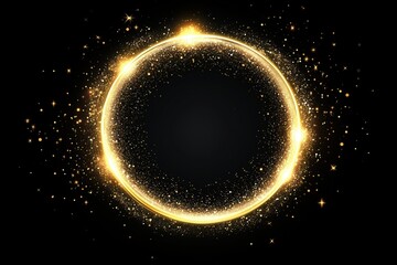 the circle of light shines with sparks and particles of golden sparks in a circular frame on a black background.