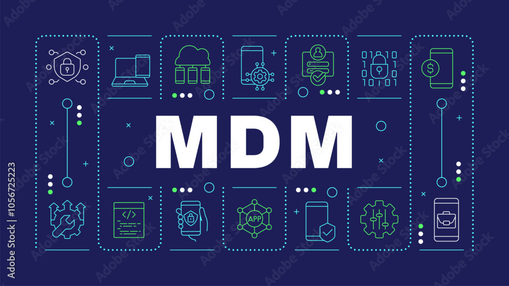 Aufkleber mdm blue word concept. mobile device management. security software. system, technology. horizontal v