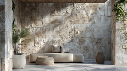 A stone wall with a plant and a bench