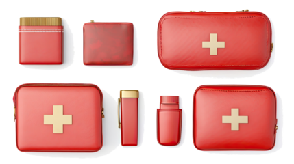 Red First Aid Kits Arranged in a Collection on a Clear Background Generative AI
