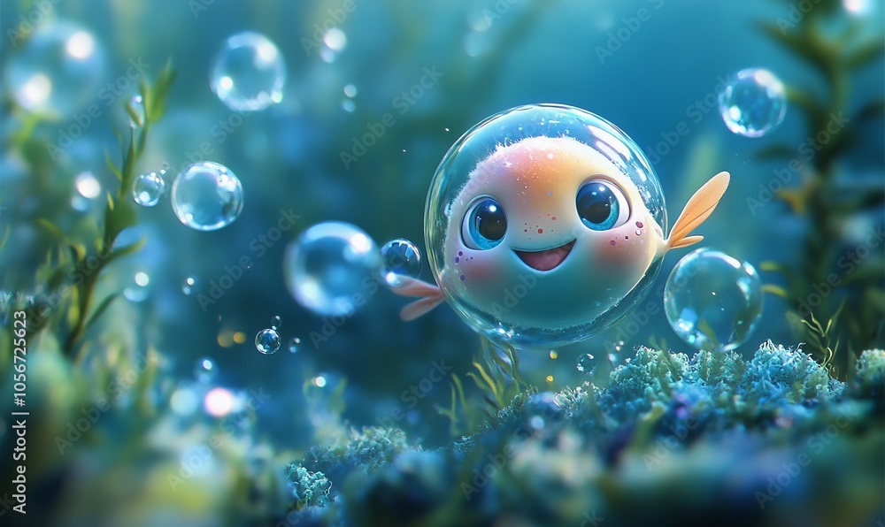 Poster a cheerful bubble character surrounded by soft blue bubbles, creating a whimsical and uplifting unde