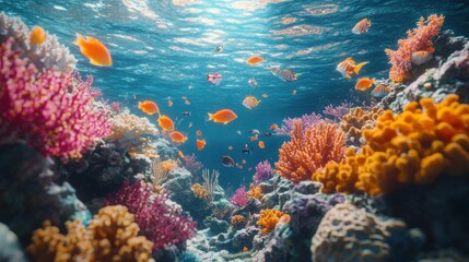 Fototapeta premium Vibrant Coral Reef with Orange and Yellow Fish Swimming Through Blue Water