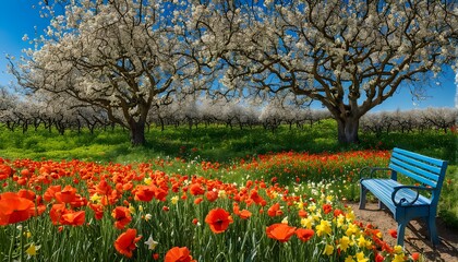 Obraz premium Dense orchard of red roses petals shining under dewdrops in the early morning light, AI Generated