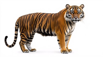 Obraz premium Majestic tiger with intricate stripes and a captivating gaze, presented in a striking design against a white backdrop.