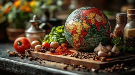 A globe surrounded by spices and vegetables on a kitchen table.