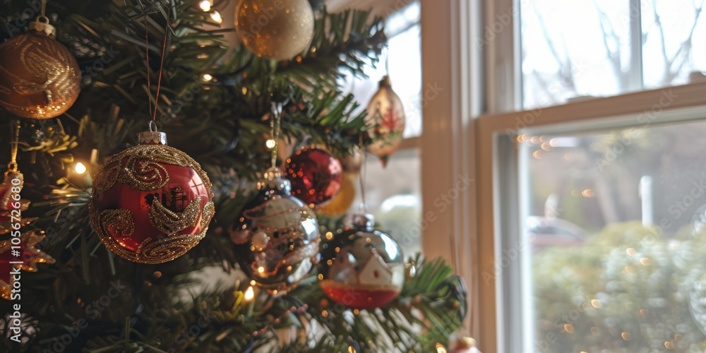 Poster a christmas tree with many ornaments hanging from it. the tree is lit up and the window behind it is