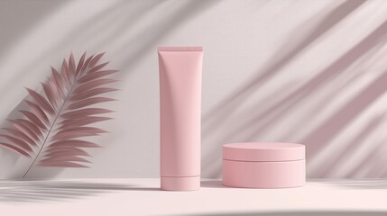 A serene display of pink skincare products against a soft backdrop with elegant shadows, creating a tranquil ambiance for beauty enthusiasts