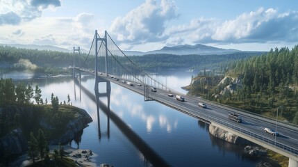 Obraz premium Scenic Suspension Bridge over Calm River in Forest Landscape, Tranquil Rural Roadway with Reflections, Nature and Infrastructure Harmony, Morning Light in Countryside