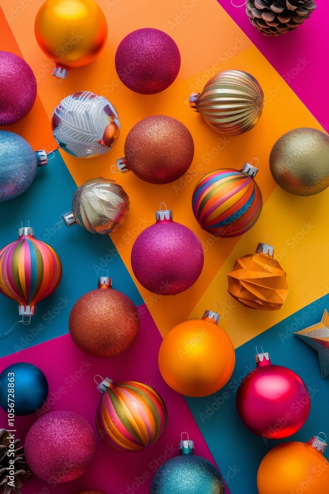 Poster a colorful array of christmas ornaments, including some with glitter, are displayed on a blue and pi