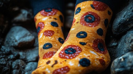 Close-up of Colorful Pizza Socks on a Rough Surface