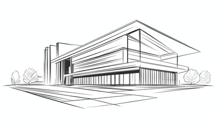 Abstract modern urban building out-line black and white drawing of imaginary architecture building construction perspective design concept sketch