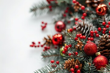 Close-up of festive Christmas decorations featuring pine cones, red berries, and ornaments on evergreen branches, perfect for holiday-themed projects.