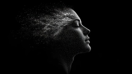 Vector human or artificial head dispersion effect and disintegrating into particles on black background. 3D polygonal illustration