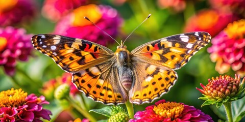 Naklejka premium In a lively garden, a Beautiful Painted Lady Butterfly, Vanessa cardui, rests delicately on a brilliant flower, showcasing nature's brilliant colors and intricate designs.