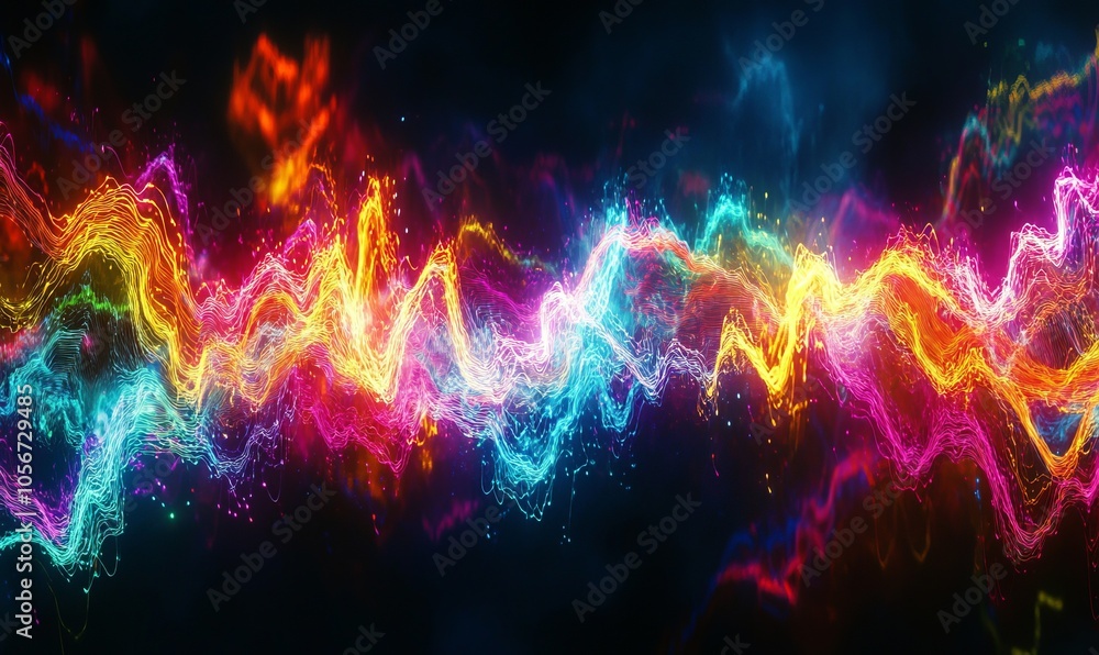 Poster abstract sound wave visual background. dynamic motion soundwaves neon lines. high frequencies visual