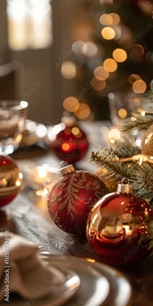 Poster a table with a christmas tree and a bunch of red and gold ornaments. the table is set for a festive 