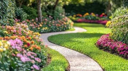 Obraz premium A beautifully landscaped garden path with flower-lined edges,