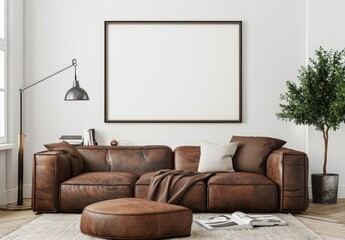 A modern living room interior with a brown leather sofa. a large framed picture. and a plant in a pot