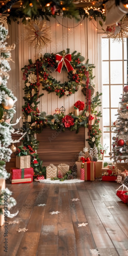Poster christmas props arranged with a large open area for adding custom holiday greetings.