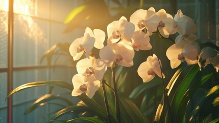 A beautifully lit scene of orchids growing in a controlled lab environment