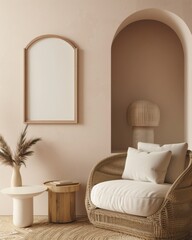 A cozy living room with a wicker armchair. a side table. and a large blank picture frame