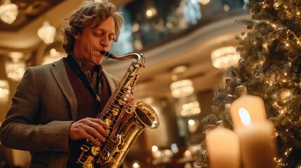 Obraz premium A man playing a saxophone in front of a Christmas tree
