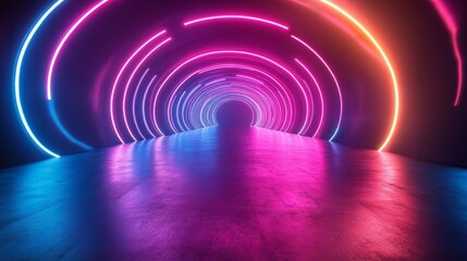 Obraz premium Neon Circular Lights Tunnel with Reflective Floor