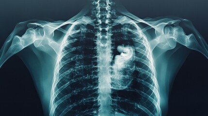 X-ray image of a human chest showing bones and organs.