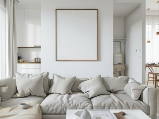 Fototapeta premium Modern living room interior with a large blank canvas frame above a grey sofa with cushions and a coffee table