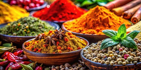 Fototapeta premium Intense colors and textures of herbs and spices, up close.