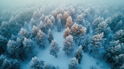 Winter landscape frosty trees in winter forest in cold weather. Tranquil winter forest nature under snowfall