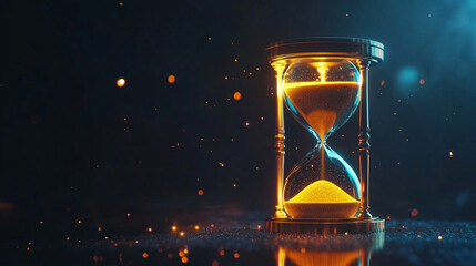 Illuminated Hourglass with Golden Particles on Dark Background. Free copy space.