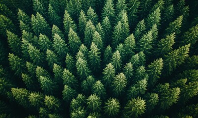Aerial view of green pine forest with dark spruce trees covering mountain hills. Nothern woodland scenery from above