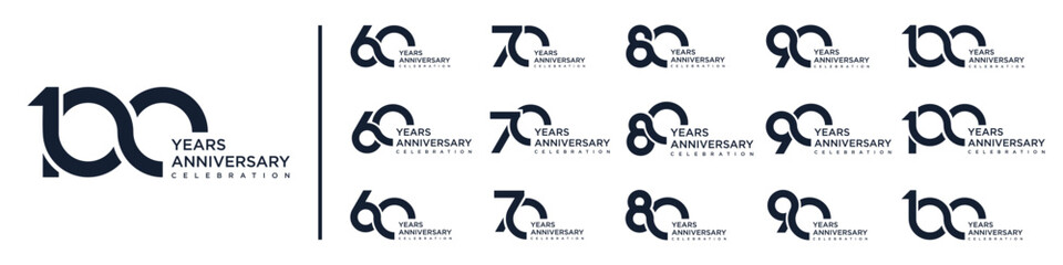 collection anniversary 60 to 100 year logo designs. abstract number for celebration event, wedding, greeting card, and invitation, vector illustration
