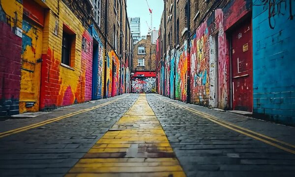 Colorful alleyway featuring vibrant street art and cobblestone path.